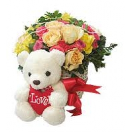 15 Mix Roses Basket With Cute Teddy